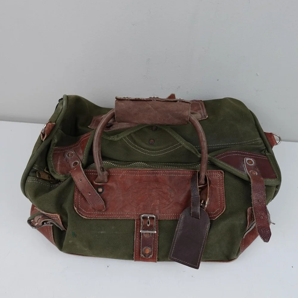 Vintage Orvis Battenkill Leather Duffel Bag Green Brown Travel Weekender Mens